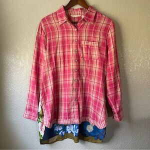 Soft Surroundings Womens M Kaolin Pink Plaid Floral Button Down Shirt Vacation